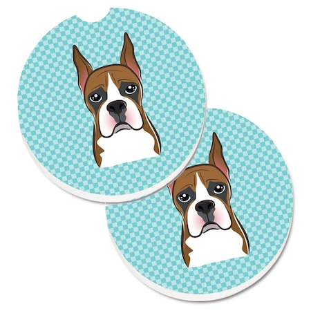 Carolines Treasures Checkerboard Blue Boxer Set of 2 Cup Holder Car Coaster BB1161CARC